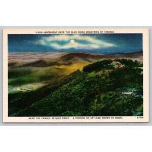 Postcard Virginia Moonlight Over The Blue Ridge Mountains Full Moon Skyland 1940